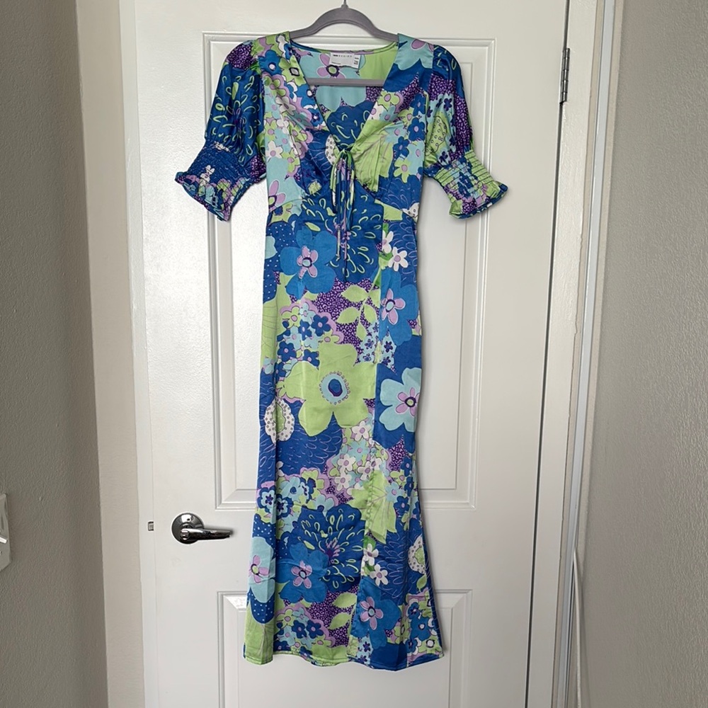 ASOS Blue Green Puff Sleeve V-Neck Sundress